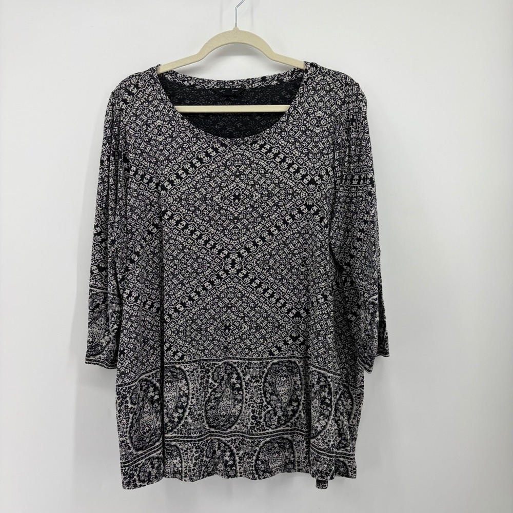 Lucky Brand Womens 2X Black White Paisley Top 3/4 Sleeve Geometric Boho Knit